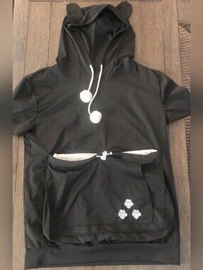 Pet Carrier Black Hoodie with Pom-Pom Drawstrings and Paw Accent
